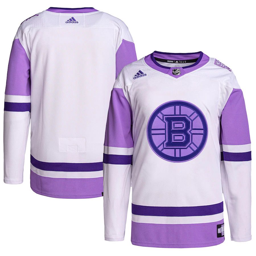 Men Boston Bruins adidas White Purple Hockey Fights Cancer Primegreen Authentic Blank Practice NHL Jersey